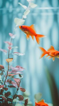 Beautiful orange goldfish swimming gracefully in clean aquarium with aquatic plants