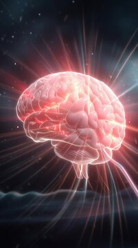 Glowing human brain pulsing with red electrical signals in dark space environment