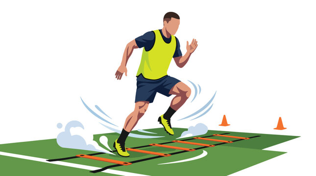 Soccer player training agility drill with ladder and cones, dynamic illustration capturing movement and speed on field.