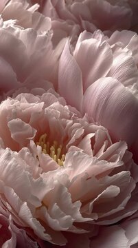 Extreme close up of beautiful soft pink peony flowers blooming and moving gently