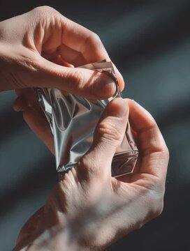 Close up of hands opening a shiny silver foil packet on a dark aesthetic background