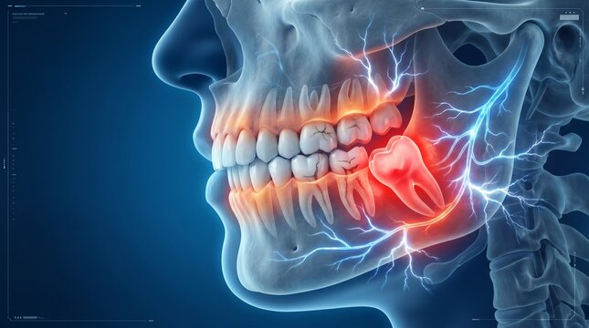 Detailed 3D rendering of human skull and jaw, illustrating intense wisdom tooth pain with nerve inflammation, highlighting critical oral health issues