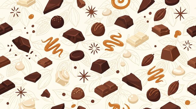 Seamless pattern with various chocolate candies and cocoa beans on a light background.