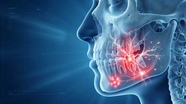 3D medical illustration of a human skull and jaw showing glowing red areas, symbolizing intense facial pain, dental problems, or temporomandibular joint disorder