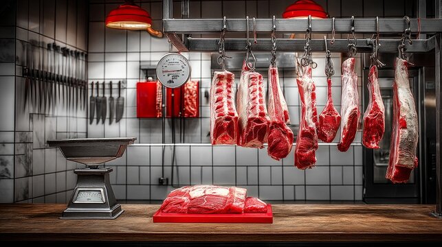 Display of Fresh Meat Cuts in a Butcher Shop with Cleaver and Scale