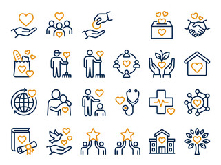 Fototapeta premium Charity and Volunteering Icon Set: Non-Profit, Community Care, Donation, and Social Responsibility Vector Symbols in Blue and Gold Line Art