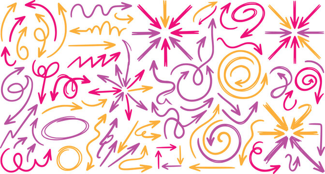 Colorful abstract arrows swirls and shapes on white background in vibrant hues Colorful