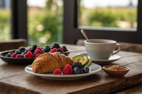 Desayuno con croissant, frutas y caf&eacute; en mesa junto a ventana con luz natural y ambiente acogedor