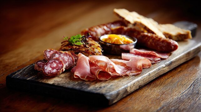 Assorted cured meats and sausages are presented on a rustic wooden serving board.