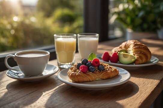 Desayuno con tostadas, frutos rojos, zumo y caf&eacute; en mesa luminosa con vista a ventana