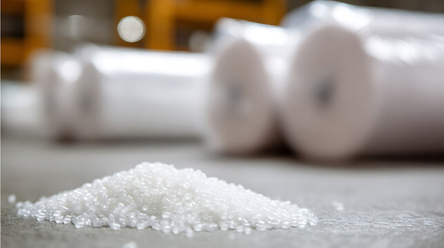 Close-up of clear small plastic pellets on a gray surface with out-of-focus rolled materials in the background, showing manufacturing raw goods