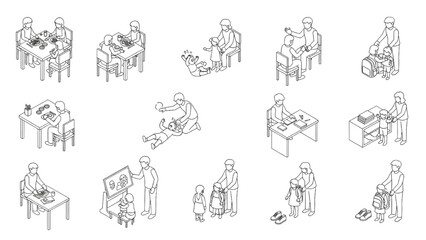 Obraz premium Isometric Parenting Micro-Moments System – Architectural CAD Human Activity Vector Set for Feeding Kids, Tantrums, Teaching and School Preparation in Outline Style