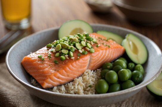 Bowl saludable de salm&oacute;n a la plancha con arroz, guisantes y semillas, comida fitness rica en prote&iacute;nas