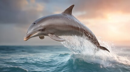 Fototapeta premium Dolphin Breaching Above the Ocean Surface at Sunset with Beautiful Sky