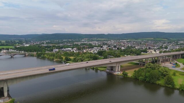 Moselle Viaduct Schweich near Trier, bridge of highway crossing the Mosel river in the valley, german autobahn, aerial view