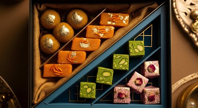 A decorative gift box of assorted traditional Indian mithai
