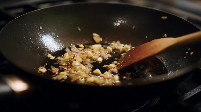 Close-up view of aromatic garlic and onion pieces saute in hot oil within a dark wok, stirred with a wooden spatula on a stovetop, preparing a delicious dish