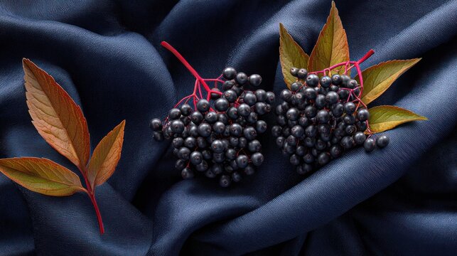 Elderberries on blue fabric with autumn leaves macro shot