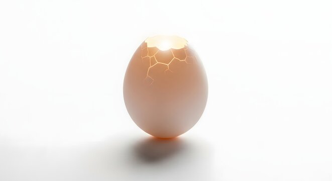 Glowing cracked egg with light shining from within, fragile broken eggshell on white background, conceptual image of birth and new beginnings