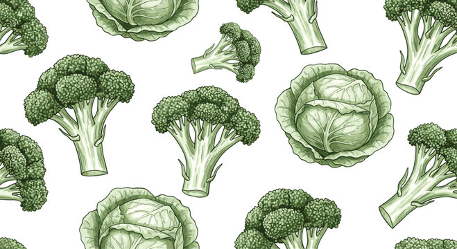 Broccoli and cabbage pattern vector. Seamless green vegetable background with hand drawn engraving style. Organic food illustration for packaging, textile, and healthy lifestyle design.