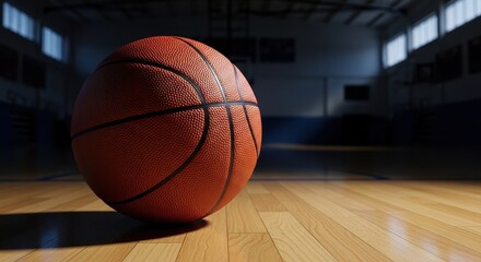 Obraz premium Close-up of a Basketball on a Wooden Gym Floor in Soft Lighting