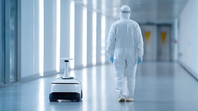 Medical Professional in Hazmat Suit and Autonomous Robot Navigate Modern Hospital Corridor for Healthcare Delivery and Research