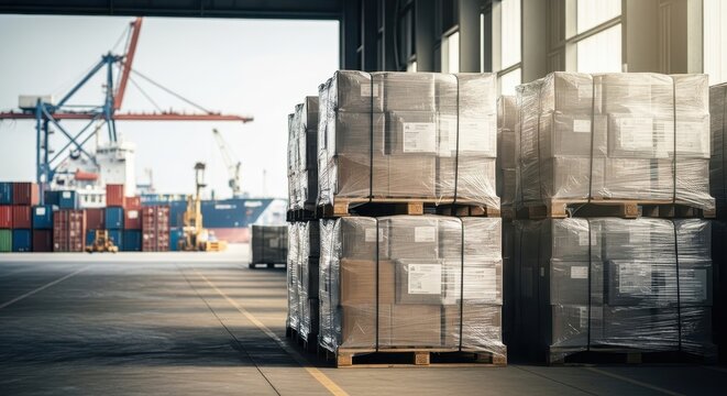 Cargo Pallets Stacked in Warehouse with Shipping Containers in Background