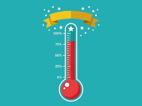 Fundraising Goal Thermometer Icon for Charity and Crowdfunding Success Progress Tracking with Percentages and Banner