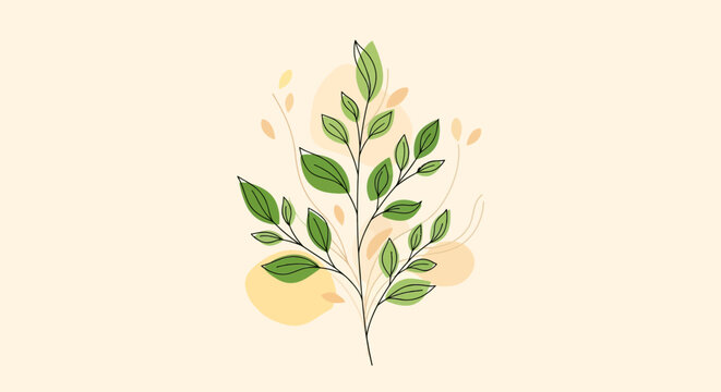 Minimalist botanical line art illustration featuring a central plant branch with green leaves, overlaid on abstract yellow organic shapes and a textured cream background.