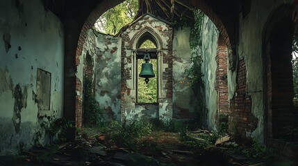 Fototapeta premium An ancient stone archway framing the open wooden door of an old abandoned church hidden deep within a forest, featuring medieval architecture and antique windows catching the light