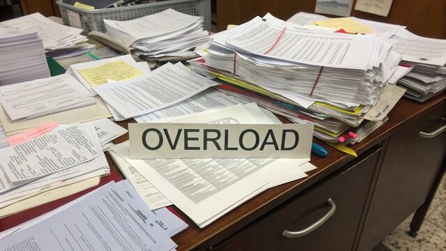 Messy Office Desk with Overloaded Paperwork and Documents Chaos