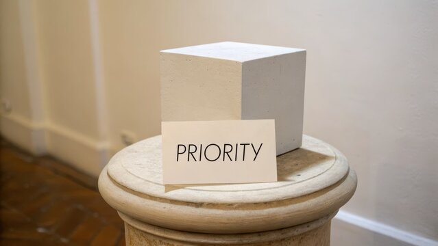 Minimalist artwork featuring a cube and a sign with the word priority