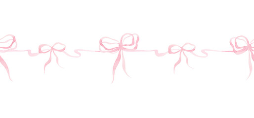 Pink ribbon and bows watercolor hand drawn seamless border. Coquette banner of pink wavy brush stroke. Lane endless vintage print at curved streak line.  © Fedulova_art