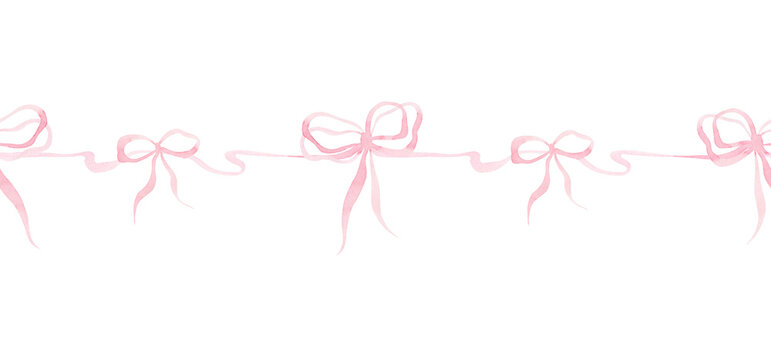 Pink ribbon and bows watercolor hand drawn seamless border. Coquette banner of pink wavy brush stroke. Lane endless vintage print at curved streak line. 