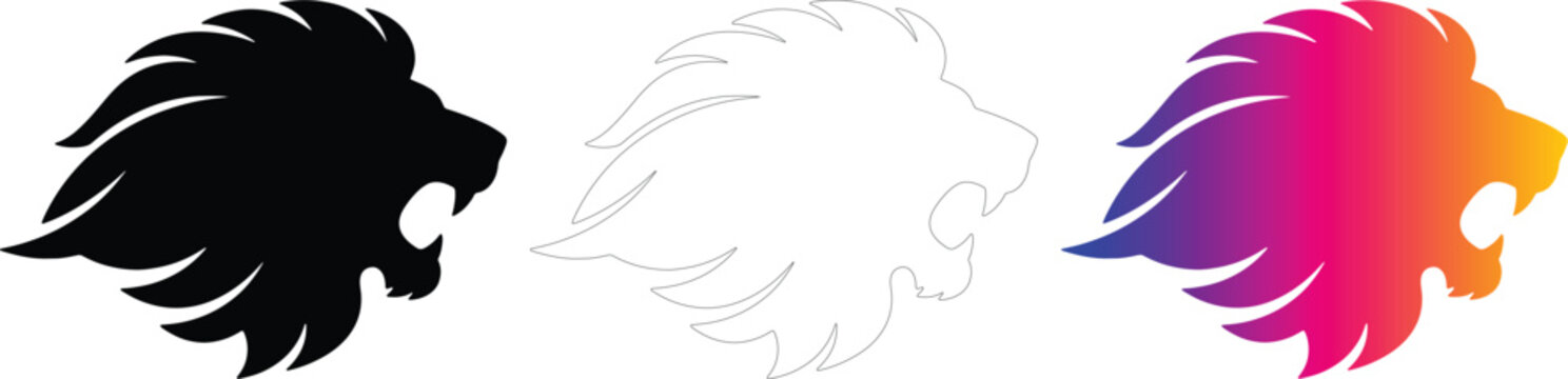 Roaring Lion Head Profile Vector Set: Black Silhouette, Outline, and Gradient Mascot