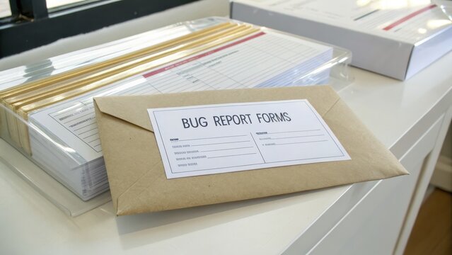 Organized Workspace Featuring Bug Report Forms and Stationery Supplies