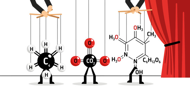 Conceptual illustration of chemical molecules as puppets on a stage, symbolizing controlled reactions, molecular synthesis, and the manipulation of compounds.