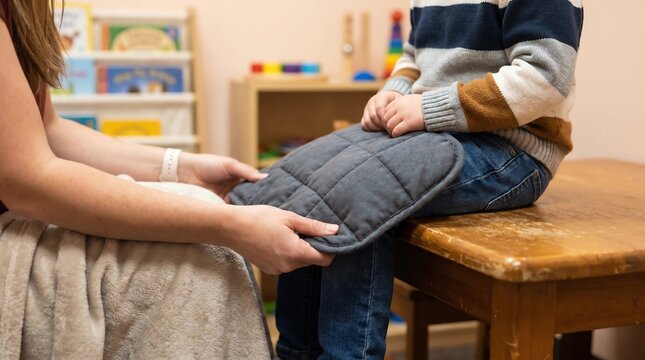 Therapist placing weighted lap pad on child for sensory regulation and calming support in special education classroom
