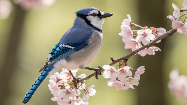Vibrant blue jay perched on delicate cherry blossom branch in spring nature outdoors