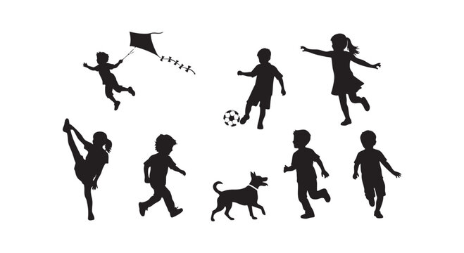 Group of happy children silhouettes playing outdoor with ball dog and kite isolated on white background for recreation.