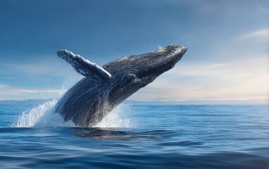 Naklejka premium Massive Whale Breaching Vertically from Ocean Surface in Beautiful Sunrise Scene