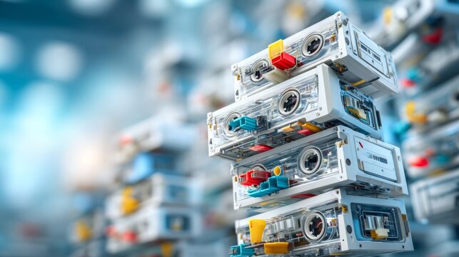 Stacked Early Video Cassette Recorders Tightly Arranged in Storage