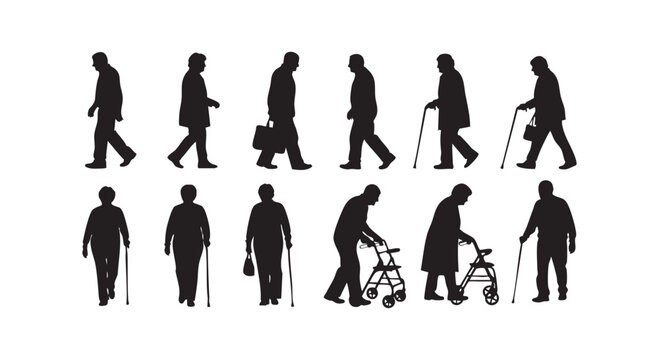 Group of senior people silhouettes in different walking positions and using mobility aids for aged care visual aids.