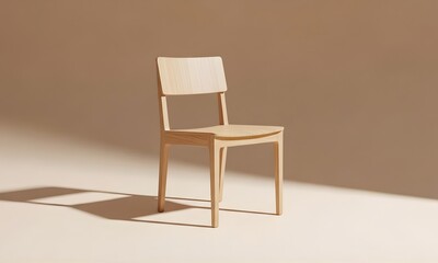 Fototapeta premium Modern Minimalist Light Wooden Dining Chair on a Warm Beige Background with Dramatic Hard Sunlight and Shadows