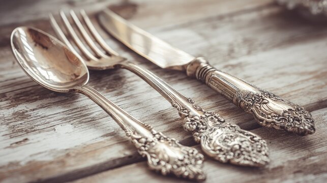 Elegant silverware set on rustic wooden table close up view