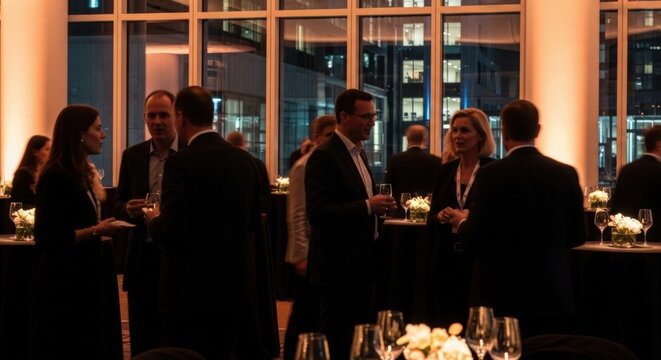 Business professionals networking at a sophisticated evening reception event.
