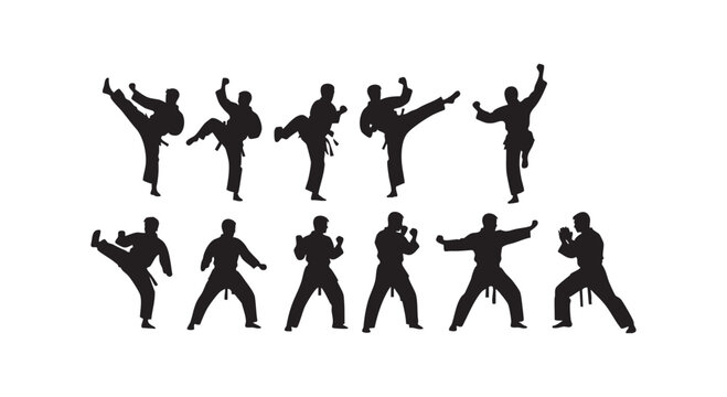 Karate martial arts athlete silhouettes set performing various fighting poses kicks and strikes on white background art.