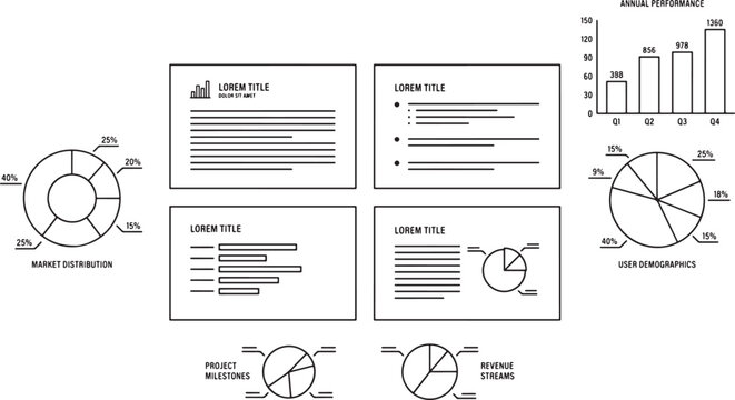 Business infographic elements set with charts, graphs and text blocks