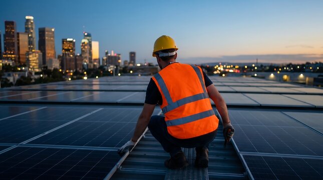 Professional worker checks solar panels on city rooftop at dusk. Worker in hard hat and vest inspects energy system against skyline. Renewable tech.