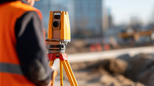 Engineer in orange safety vest operates a total station an important land survey instrument on a construction site for accurate measurement and layout